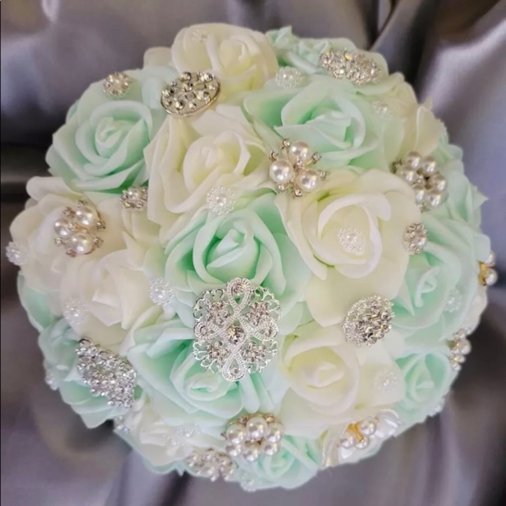 Bride Brooch Bouquet and Groom Boutonnière (Mint Green and off White)